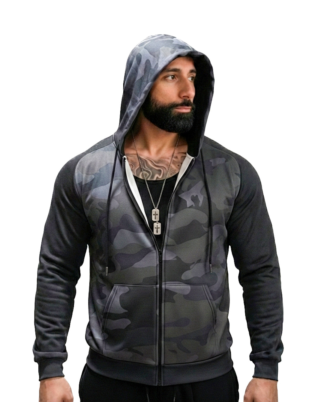 Dark Camo Skull Zip-Up Raglan Fleece Hoodie
