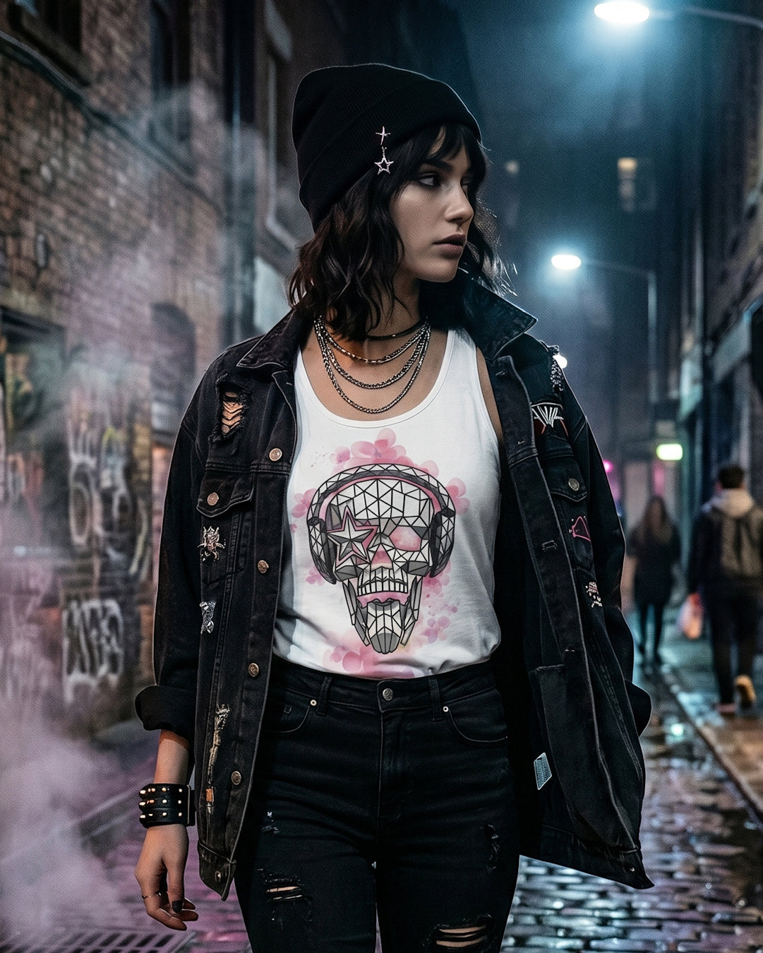 Headphones Cherry Blossom Skull Tank Top